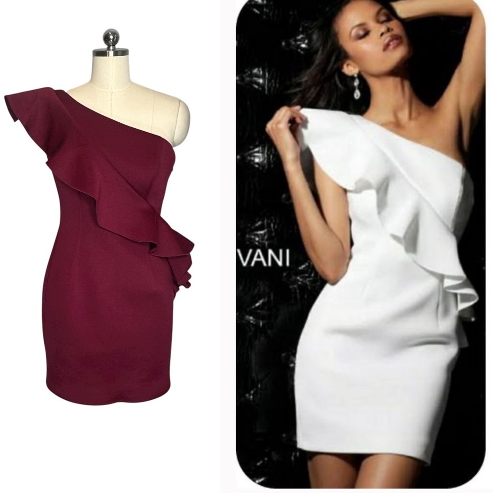 Jovani Burgundy Scuba One Shoulder Ruffle Mini Cocktail Dress | 6